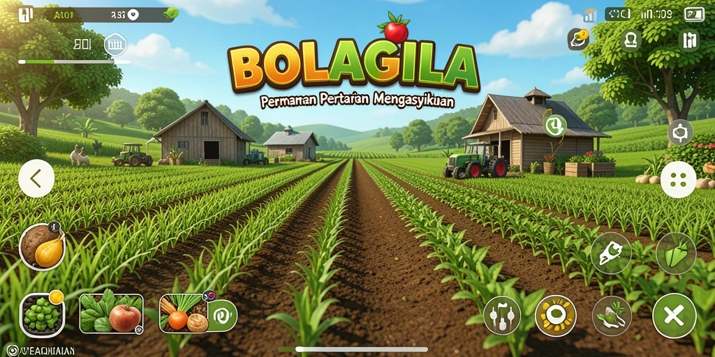 Tangkapan layar gameplay BOLAGILA menampilkan ladang yang subur dengan tanaman yang siap panen.