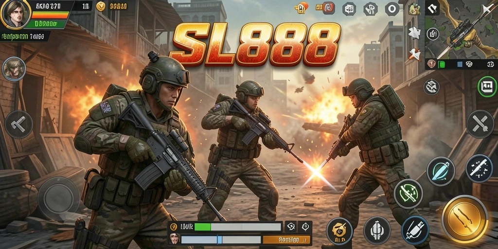 Screenshot gameplay SL888 dengan aksi tembak-menembak yang seru.
